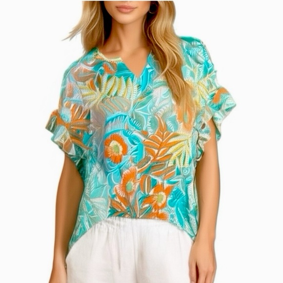 NWT RUBY RD Tropical Floral Short Sleeve Blouse Flutter Sleeve Split Neck Top - Picture 12 of 12